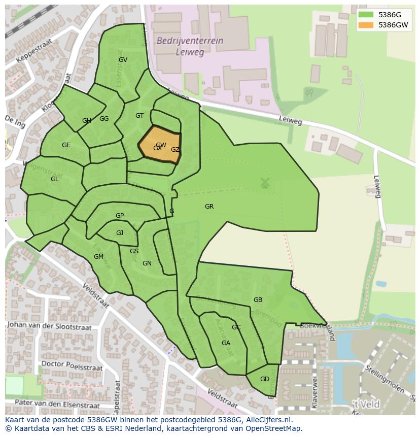 Afbeelding van het postcodegebied 5386 GW op de kaart.