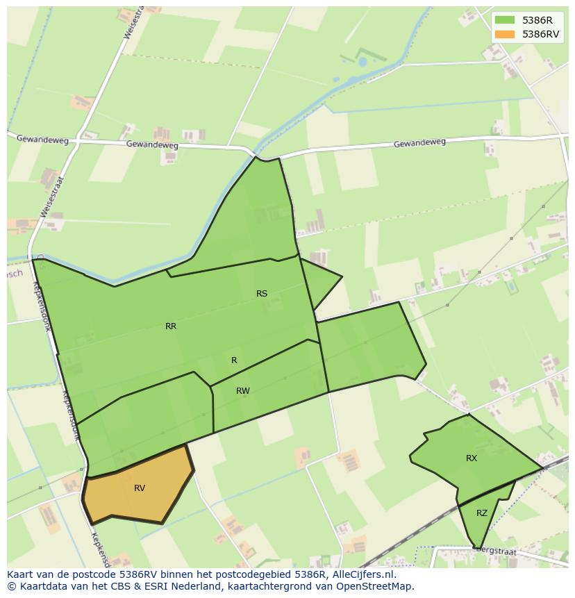 Afbeelding van het postcodegebied 5386 RV op de kaart.