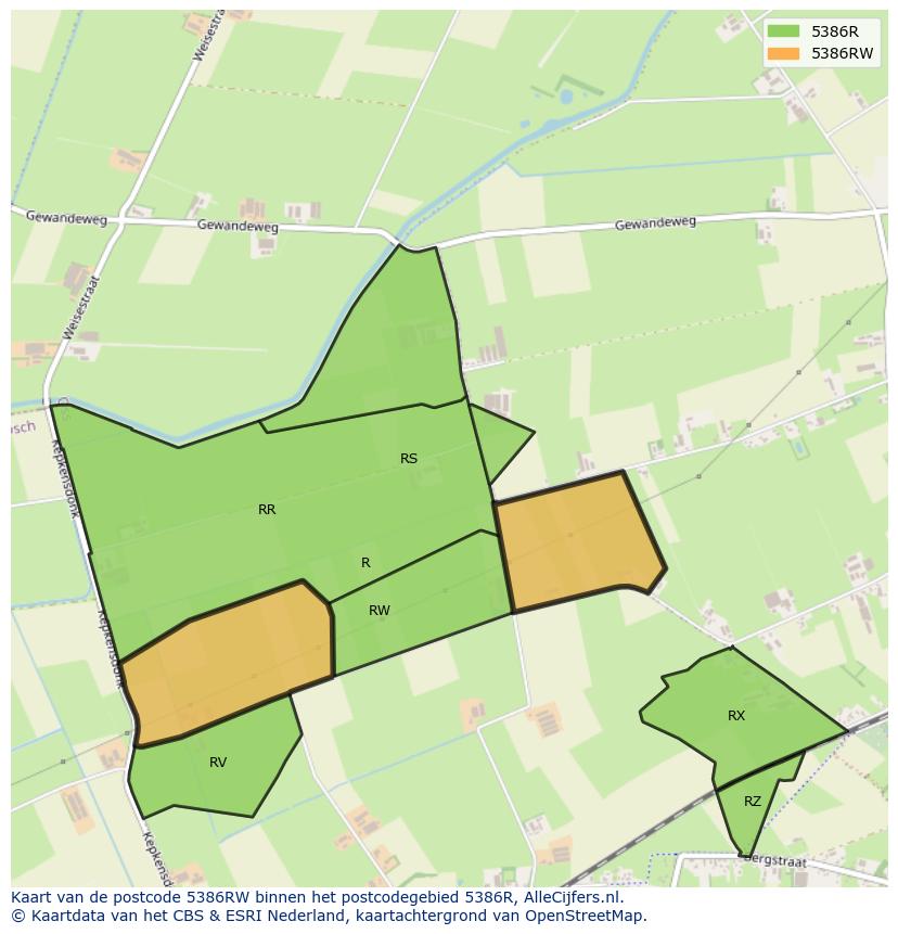 Afbeelding van het postcodegebied 5386 RW op de kaart.