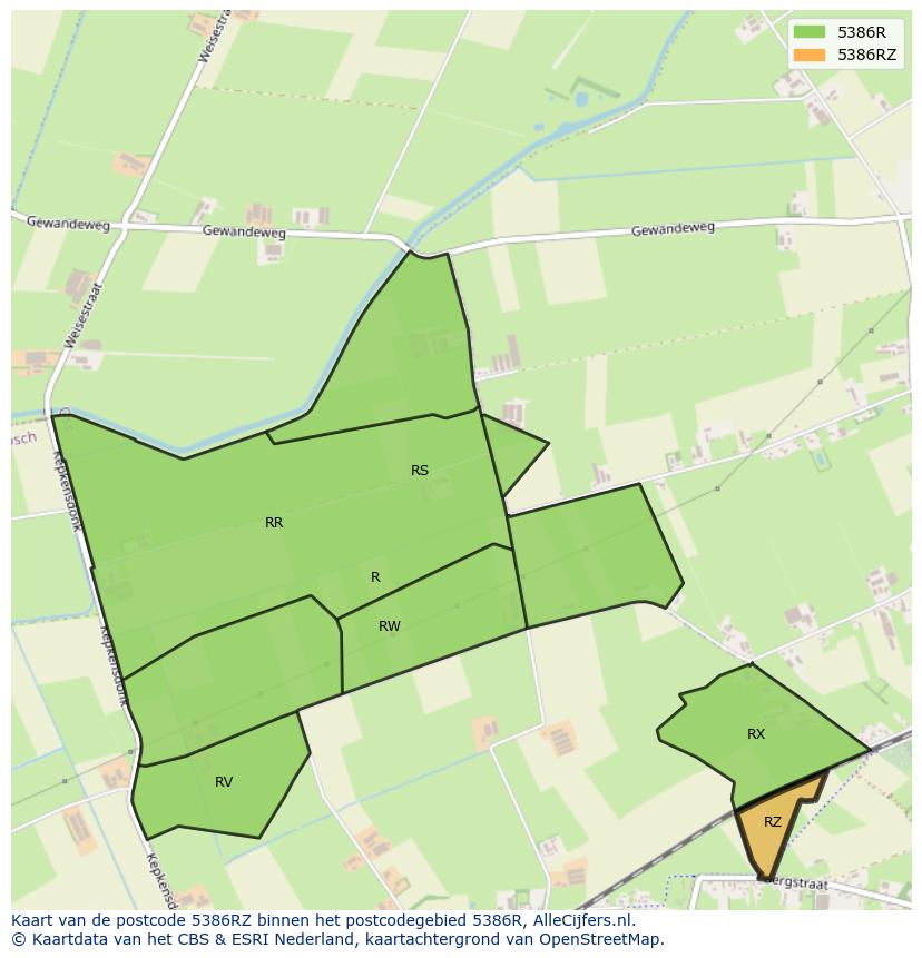 Afbeelding van het postcodegebied 5386 RZ op de kaart.