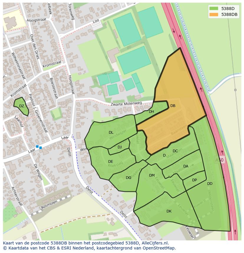 Afbeelding van het postcodegebied 5388 DB op de kaart.