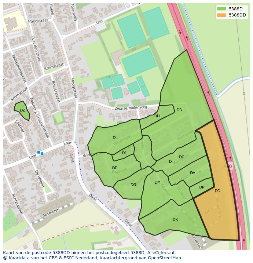 Afbeelding van het postcodegebied 5388 DD op de kaart.