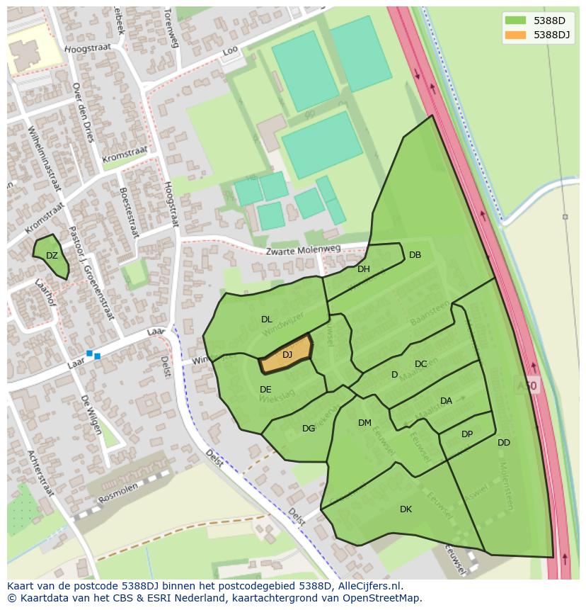 Afbeelding van het postcodegebied 5388 DJ op de kaart.