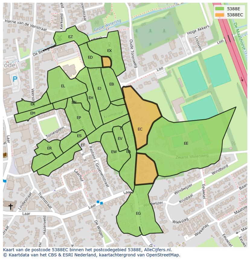 Afbeelding van het postcodegebied 5388 EC op de kaart.