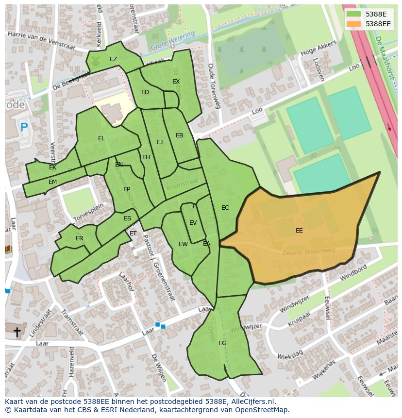 Afbeelding van het postcodegebied 5388 EE op de kaart.