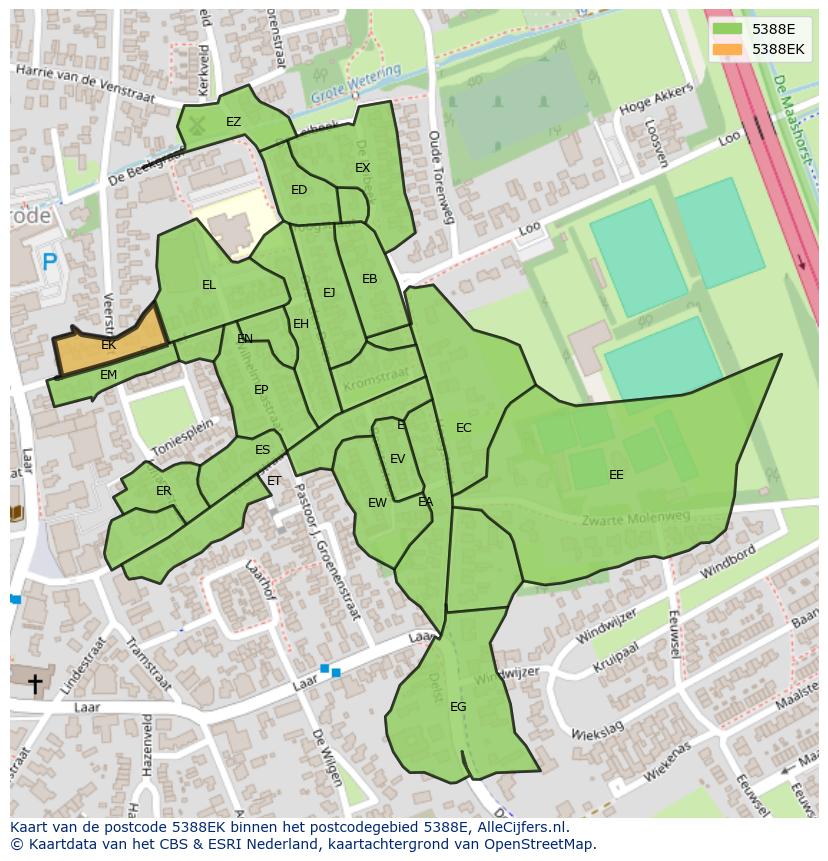 Afbeelding van het postcodegebied 5388 EK op de kaart.