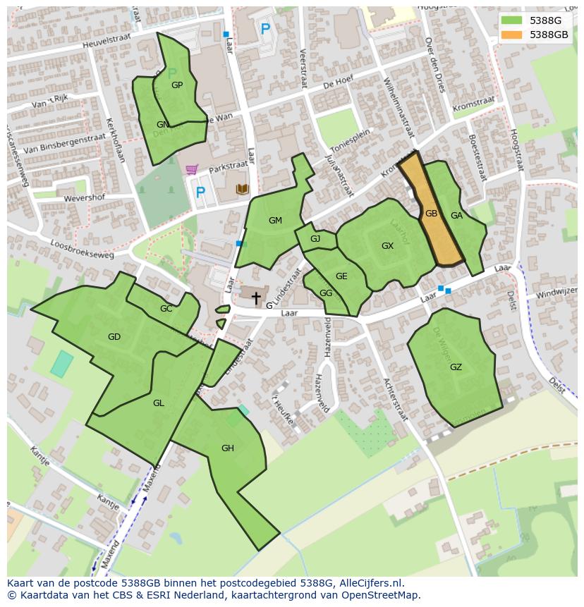 Afbeelding van het postcodegebied 5388 GB op de kaart.