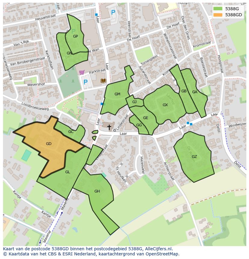 Afbeelding van het postcodegebied 5388 GD op de kaart.