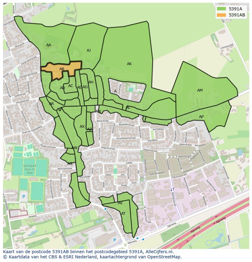 Afbeelding van het postcodegebied 5391 AB op de kaart.