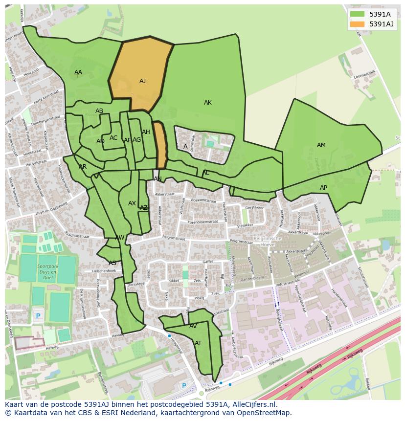 Afbeelding van het postcodegebied 5391 AJ op de kaart.