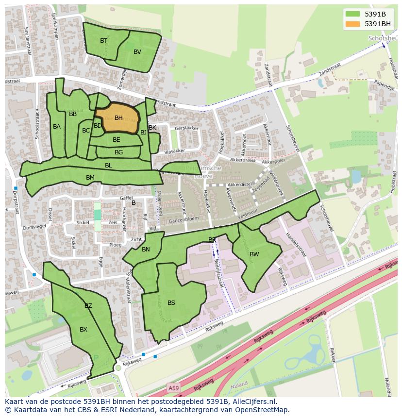 Afbeelding van het postcodegebied 5391 BH op de kaart.