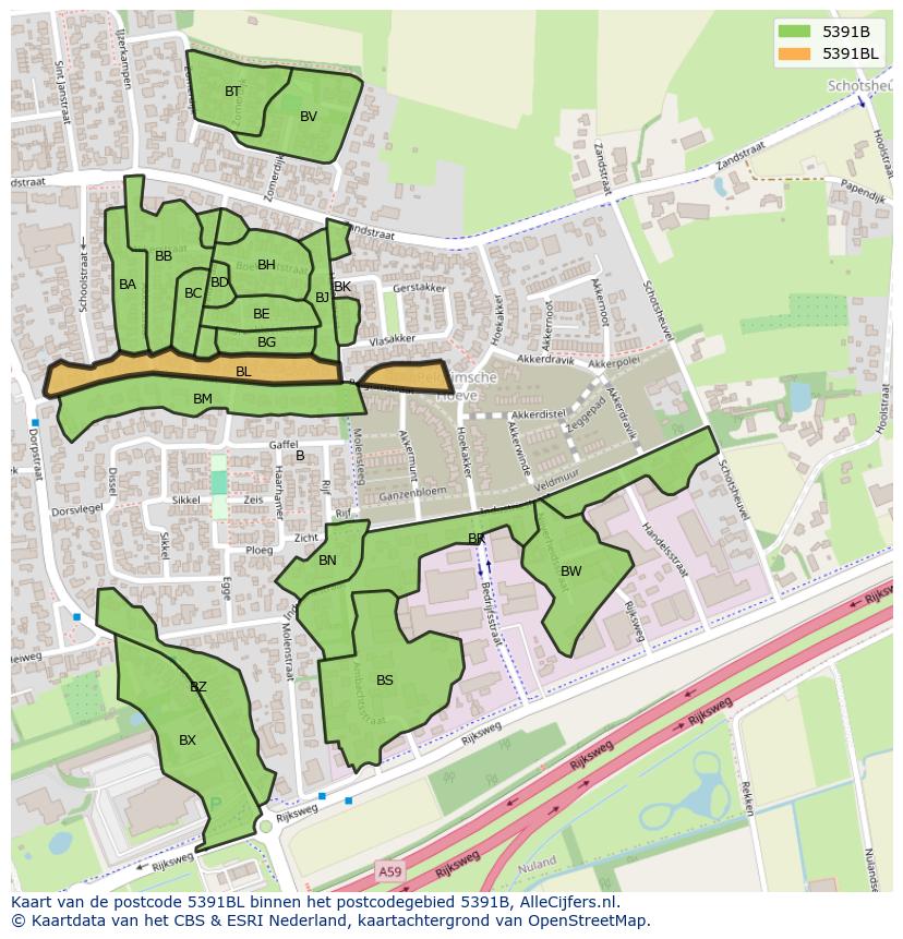 Afbeelding van het postcodegebied 5391 BL op de kaart.
