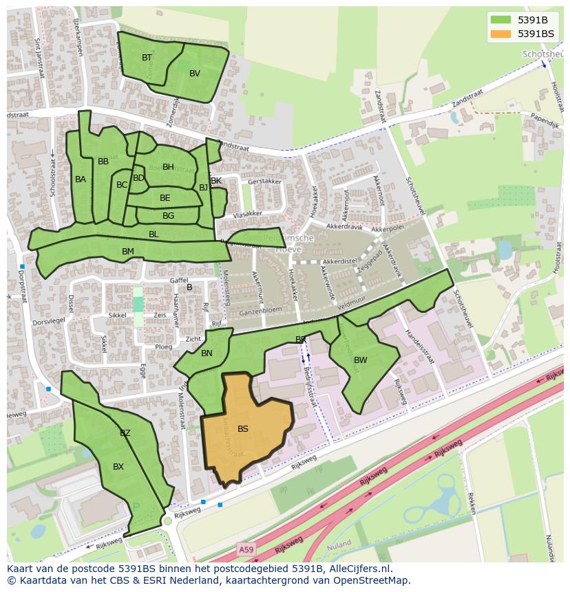 Afbeelding van het postcodegebied 5391 BS op de kaart.