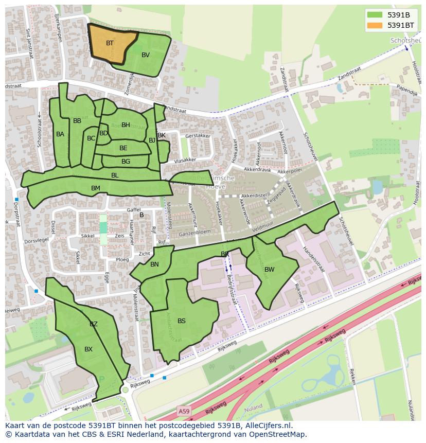 Afbeelding van het postcodegebied 5391 BT op de kaart.