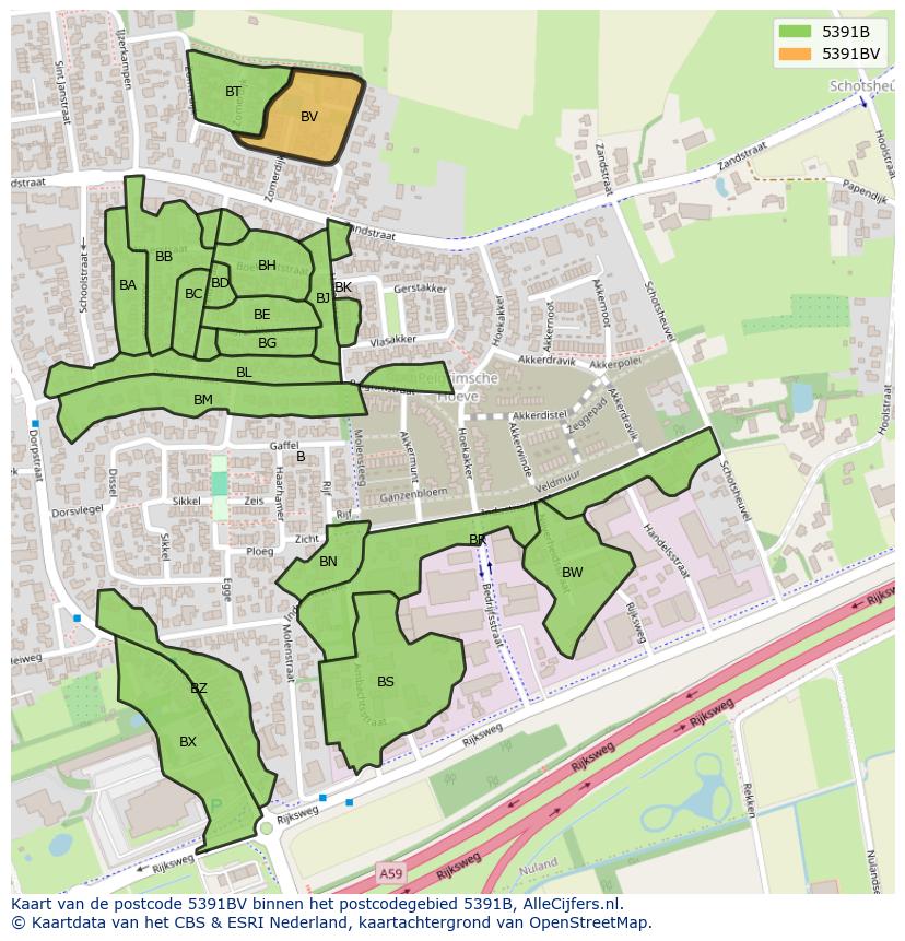 Afbeelding van het postcodegebied 5391 BV op de kaart.