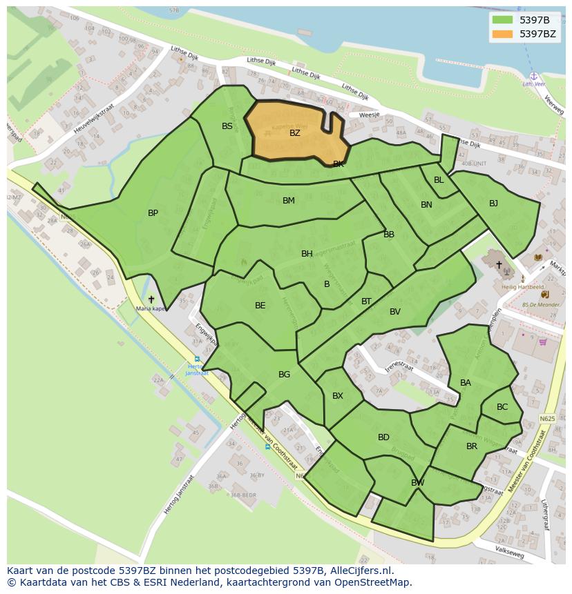 Afbeelding van het postcodegebied 5397 BZ op de kaart.