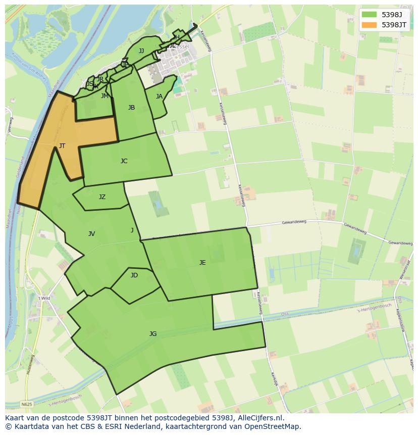 Afbeelding van het postcodegebied 5398 JT op de kaart.