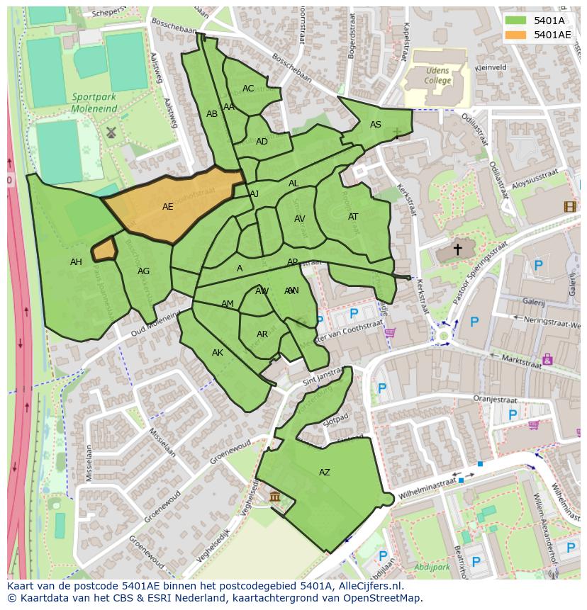 Afbeelding van het postcodegebied 5401 AE op de kaart.