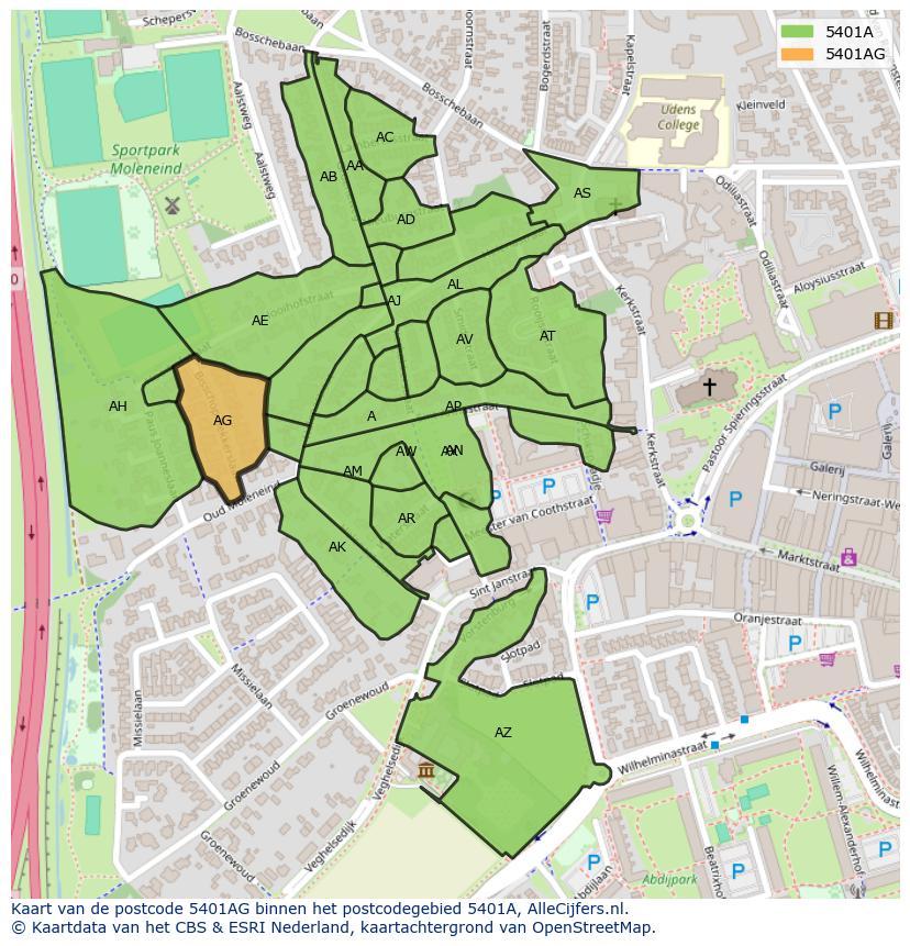 Afbeelding van het postcodegebied 5401 AG op de kaart.