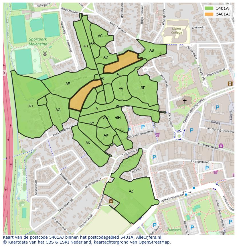Afbeelding van het postcodegebied 5401 AJ op de kaart.