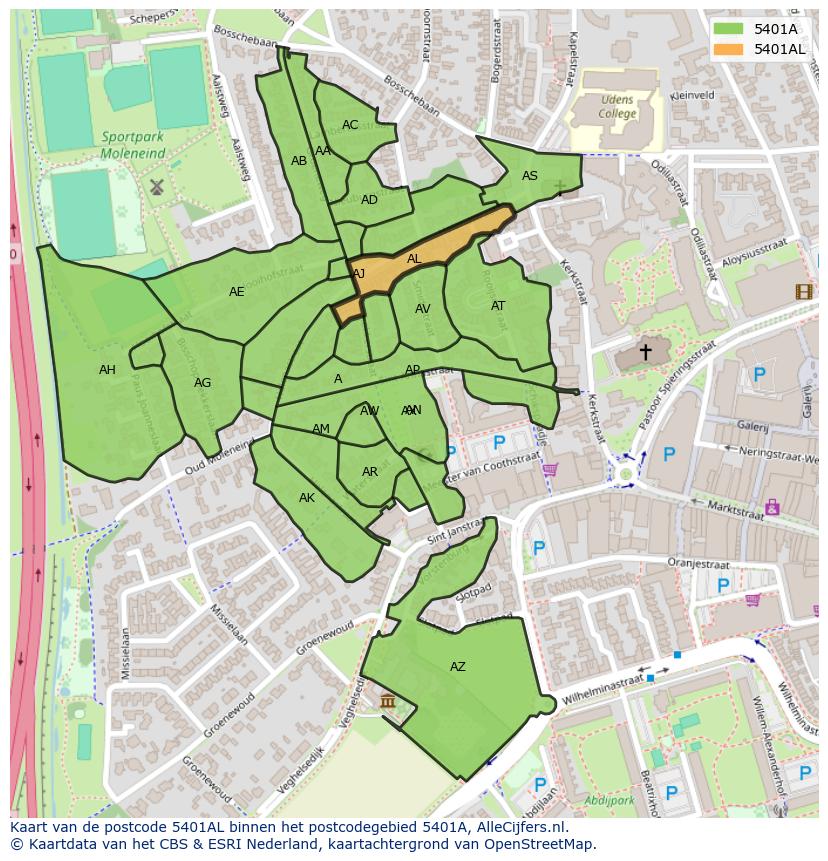 Afbeelding van het postcodegebied 5401 AL op de kaart.