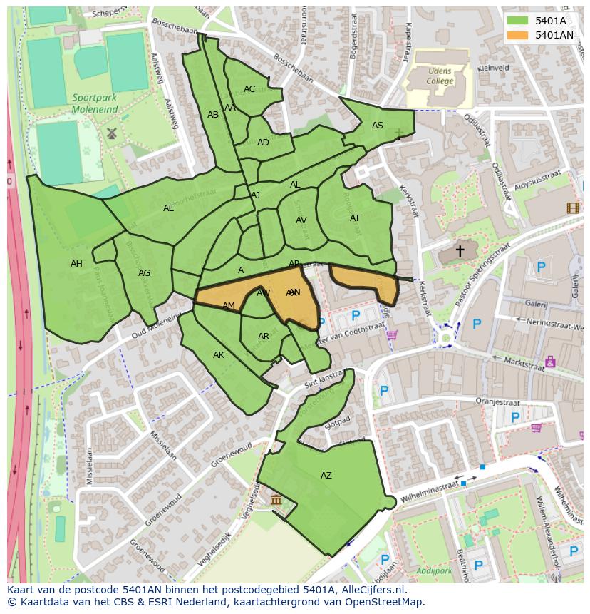 Afbeelding van het postcodegebied 5401 AN op de kaart.