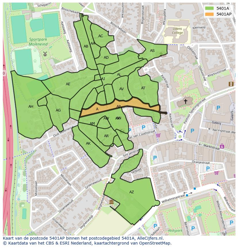 Afbeelding van het postcodegebied 5401 AP op de kaart.