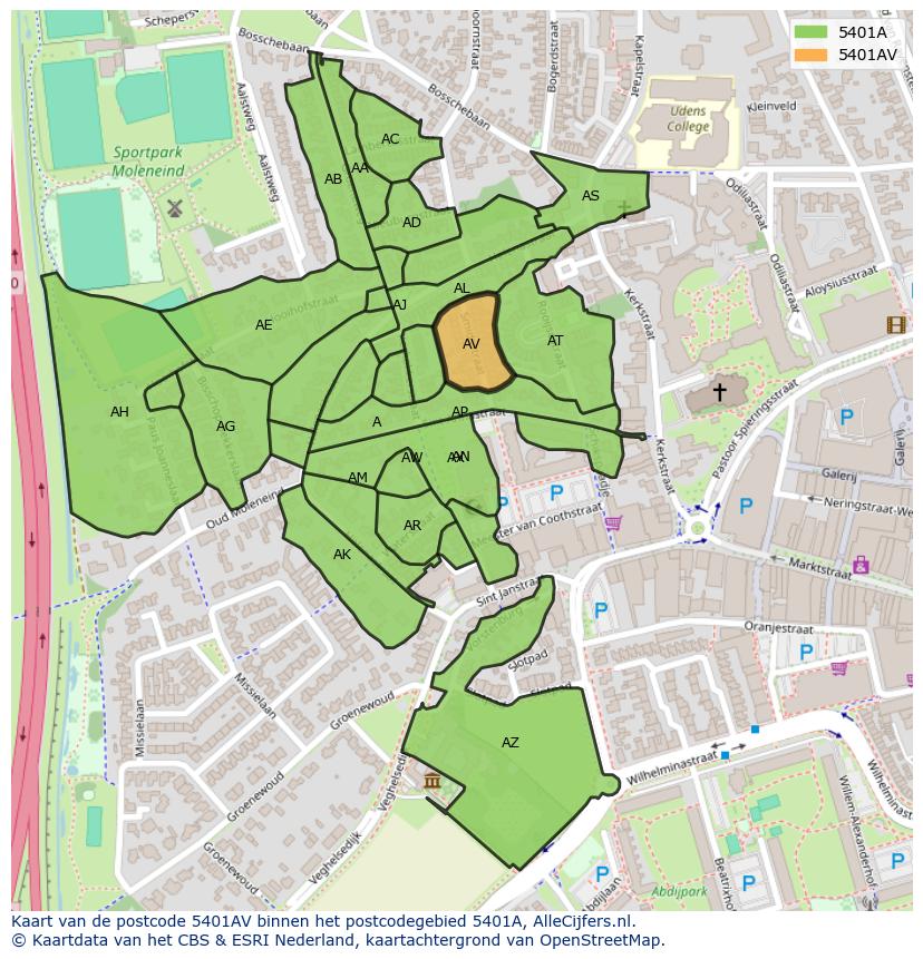 Afbeelding van het postcodegebied 5401 AV op de kaart.