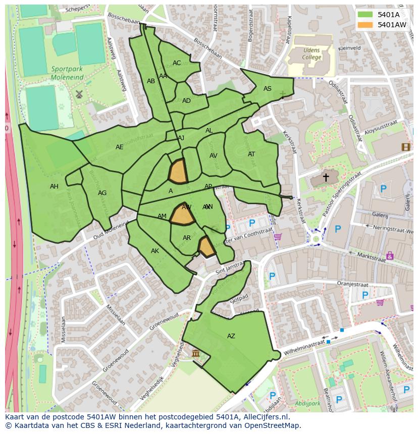Afbeelding van het postcodegebied 5401 AW op de kaart.