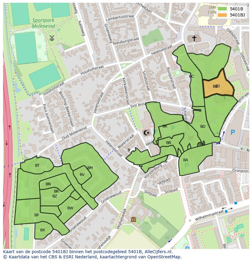 Afbeelding van het postcodegebied 5401 BJ op de kaart.