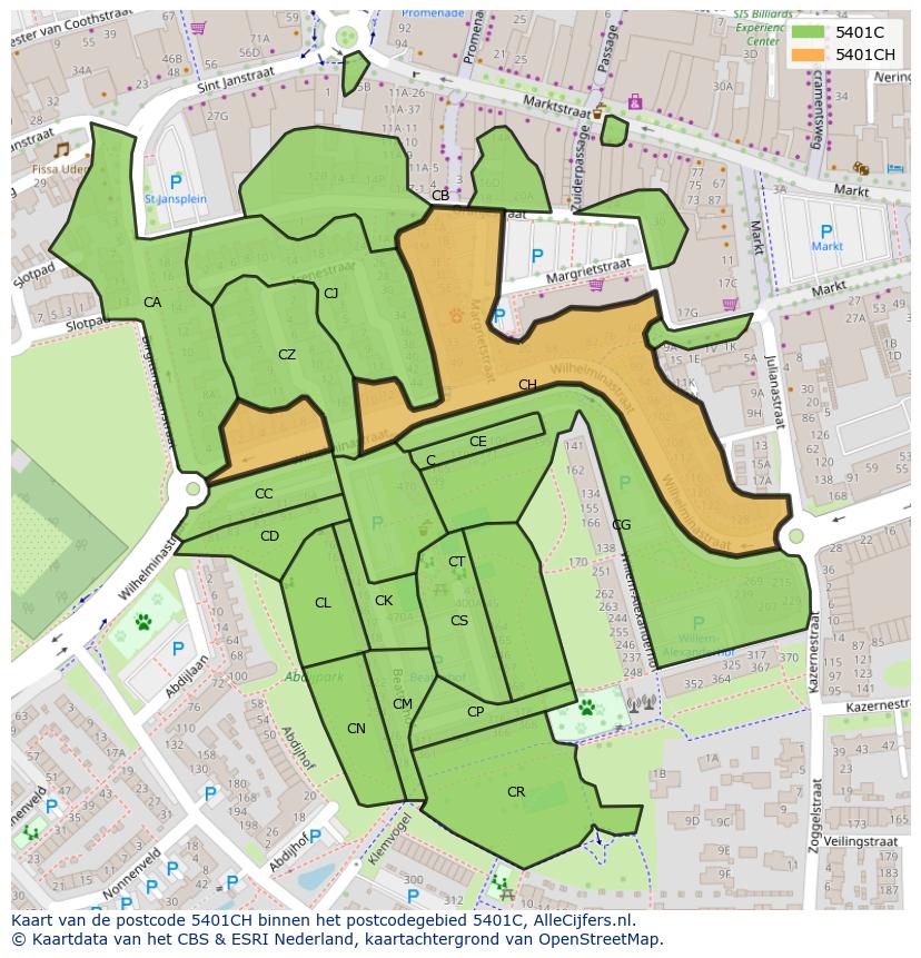 Afbeelding van het postcodegebied 5401 CH op de kaart.