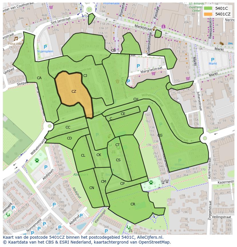 Afbeelding van het postcodegebied 5401 CZ op de kaart.