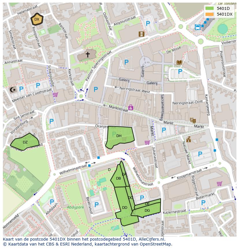 Afbeelding van het postcodegebied 5401 DX op de kaart.