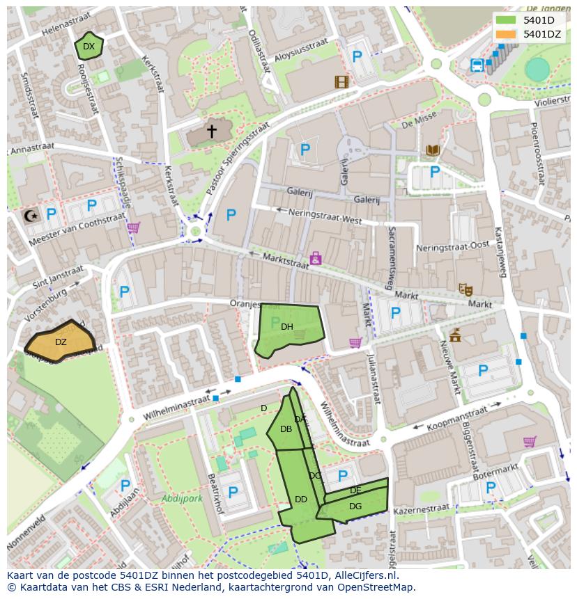 Afbeelding van het postcodegebied 5401 DZ op de kaart.