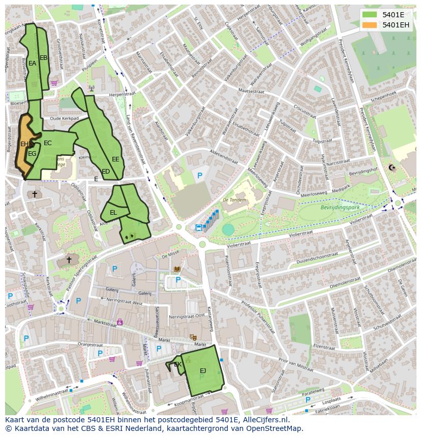 Afbeelding van het postcodegebied 5401 EH op de kaart.