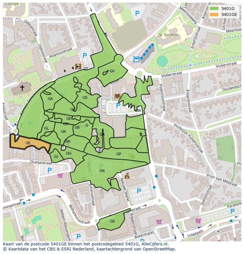 Afbeelding van het postcodegebied 5401 GE op de kaart.