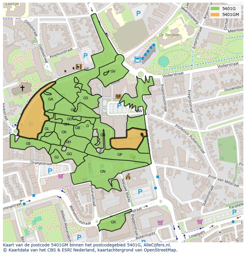 Afbeelding van het postcodegebied 5401 GM op de kaart.