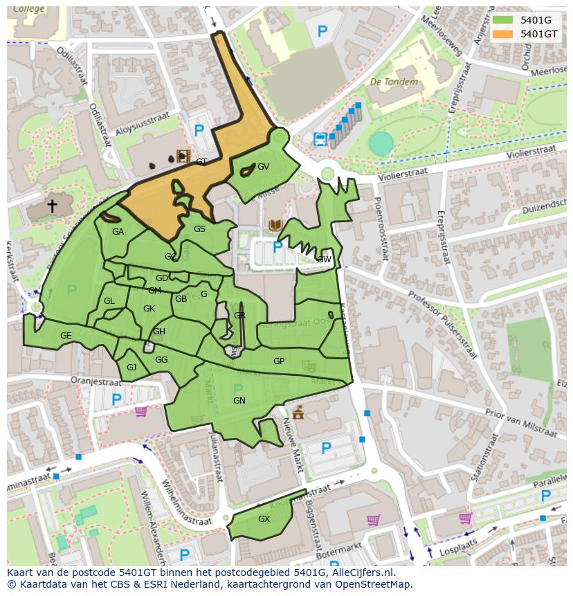 Afbeelding van het postcodegebied 5401 GT op de kaart.