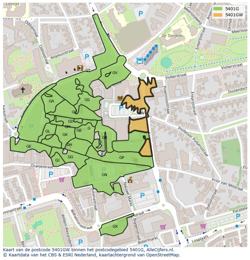 Afbeelding van het postcodegebied 5401 GW op de kaart.