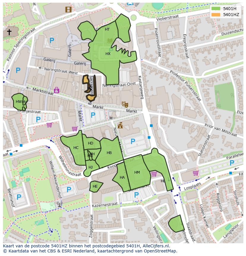 Afbeelding van het postcodegebied 5401 HZ op de kaart.