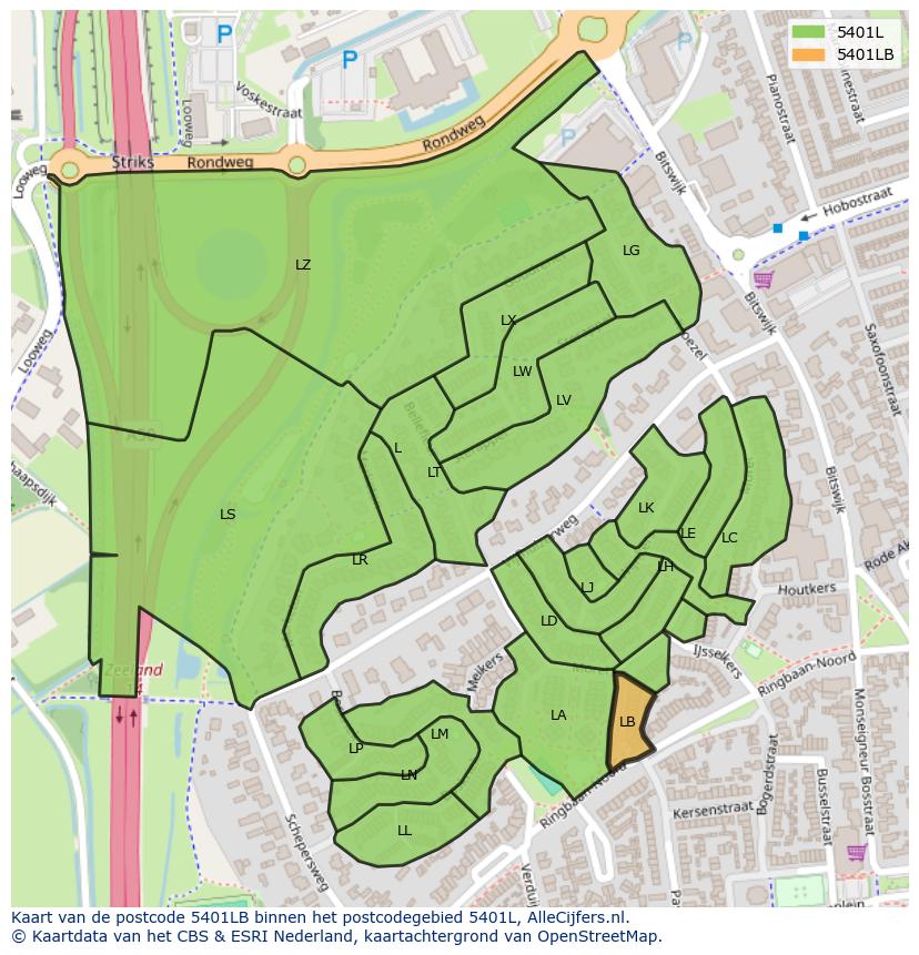 Afbeelding van het postcodegebied 5401 LB op de kaart.