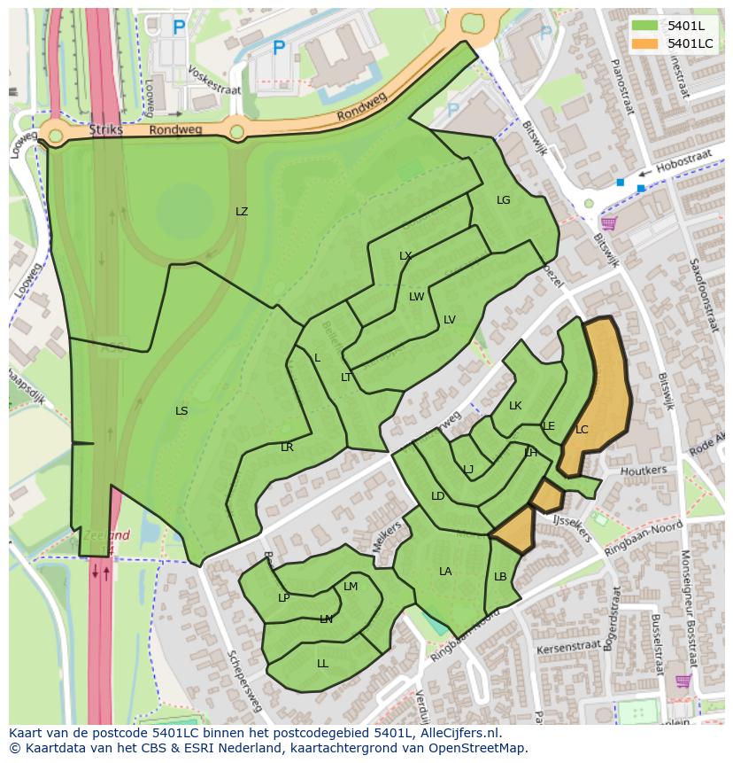 Afbeelding van het postcodegebied 5401 LC op de kaart.
