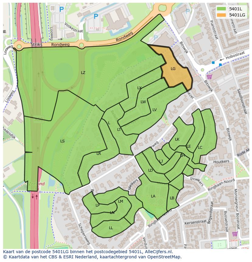 Afbeelding van het postcodegebied 5401 LG op de kaart.