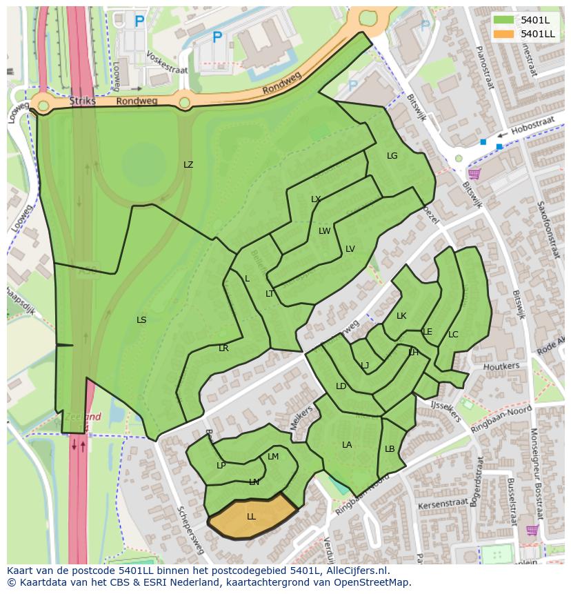 Afbeelding van het postcodegebied 5401 LL op de kaart.