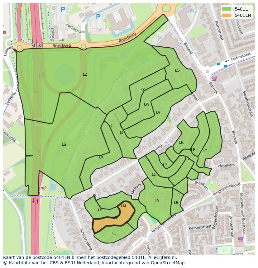 Afbeelding van het postcodegebied 5401 LN op de kaart.