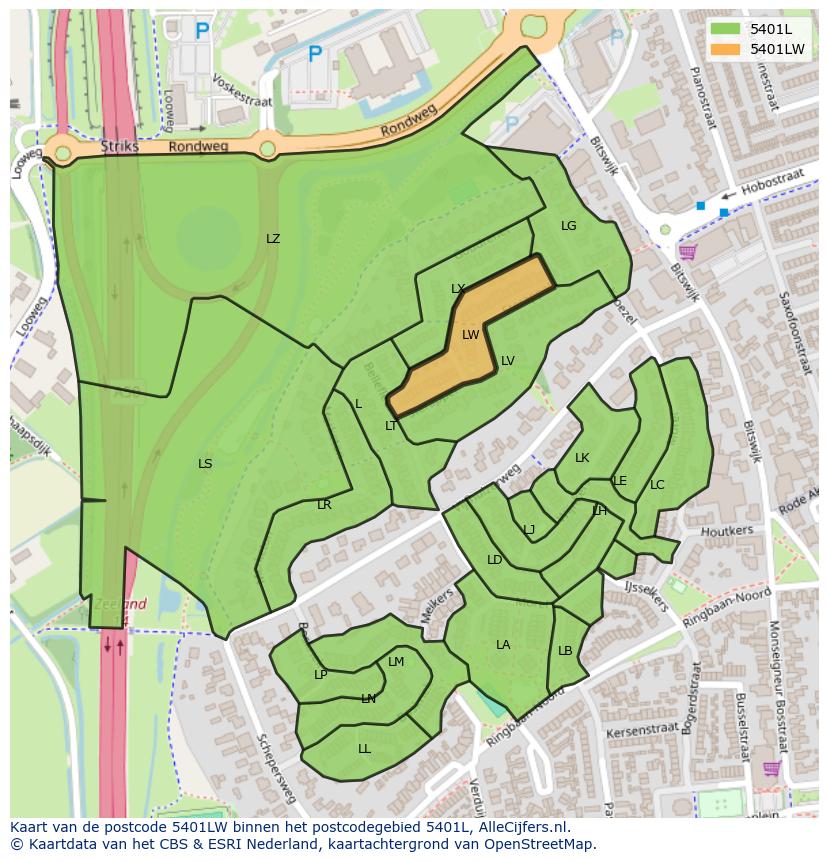Afbeelding van het postcodegebied 5401 LW op de kaart.