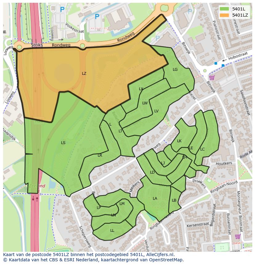 Afbeelding van het postcodegebied 5401 LZ op de kaart.