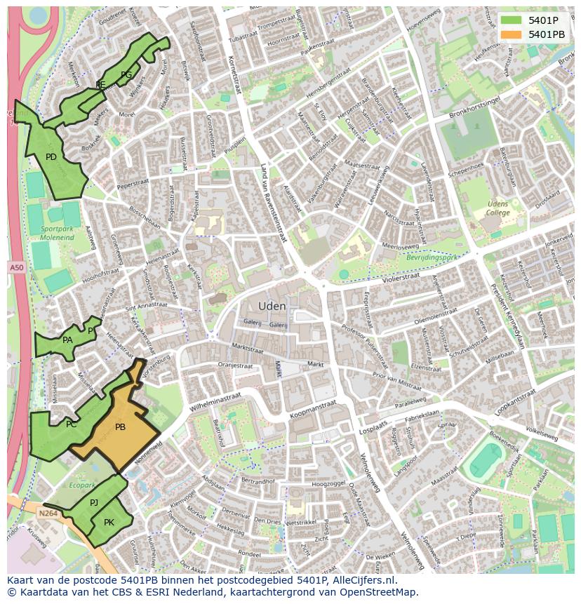 Afbeelding van het postcodegebied 5401 PB op de kaart.