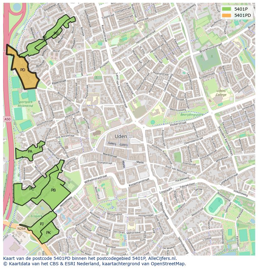 Afbeelding van het postcodegebied 5401 PD op de kaart.