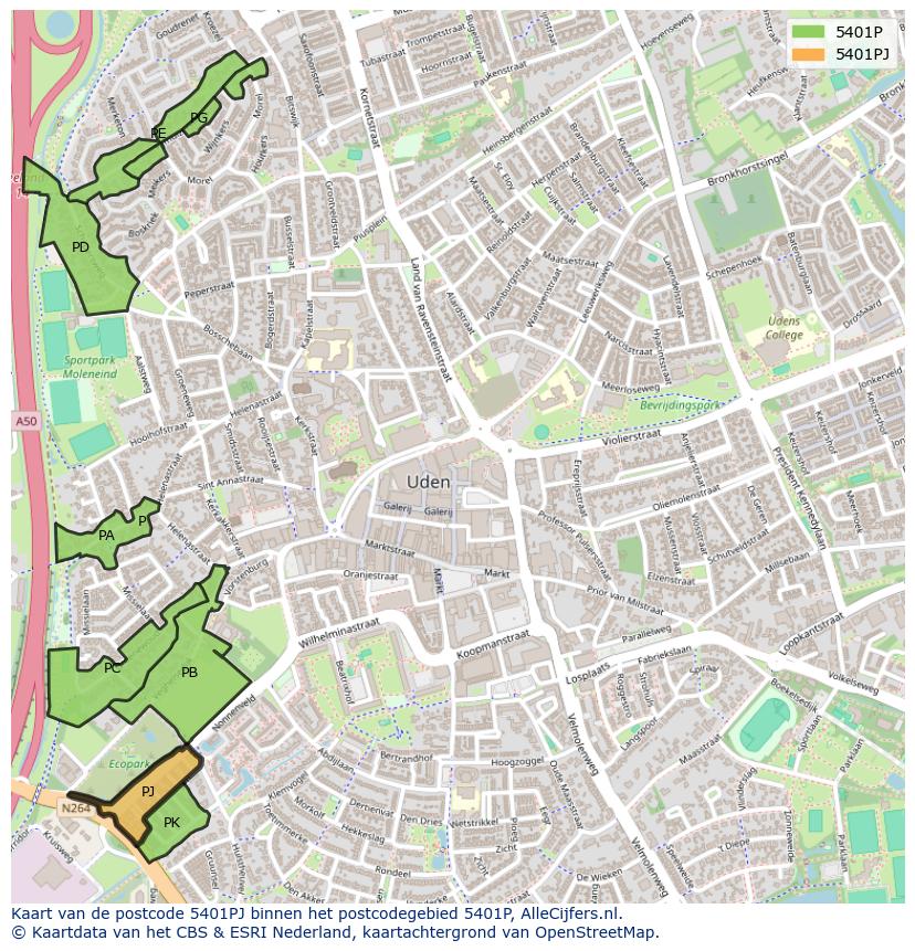 Afbeelding van het postcodegebied 5401 PJ op de kaart.